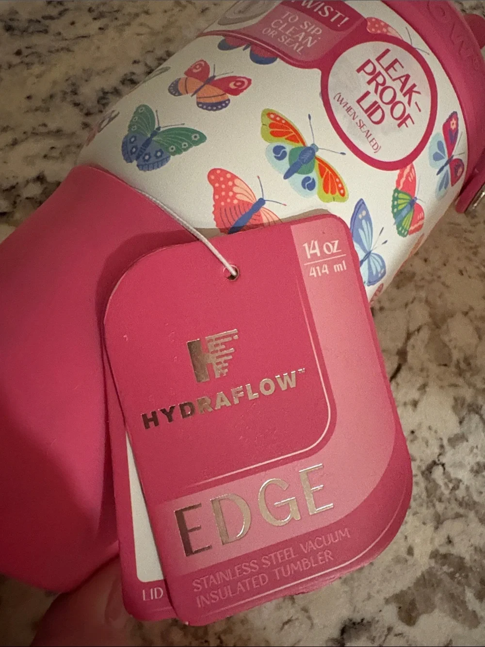 edge Hydroflow Pink Butterfly Kids Water Bottle with Carry Handle